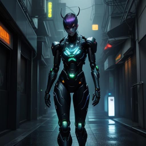 Cyberpunk Cyborg in Neon Noir Alleyway