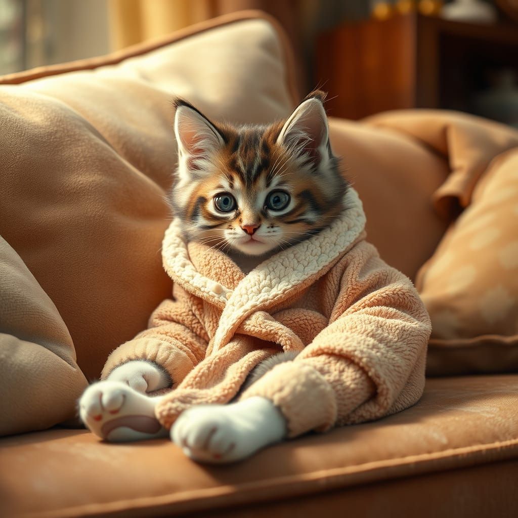 Cute Kitten in Bathrobe Lounging Comfortably