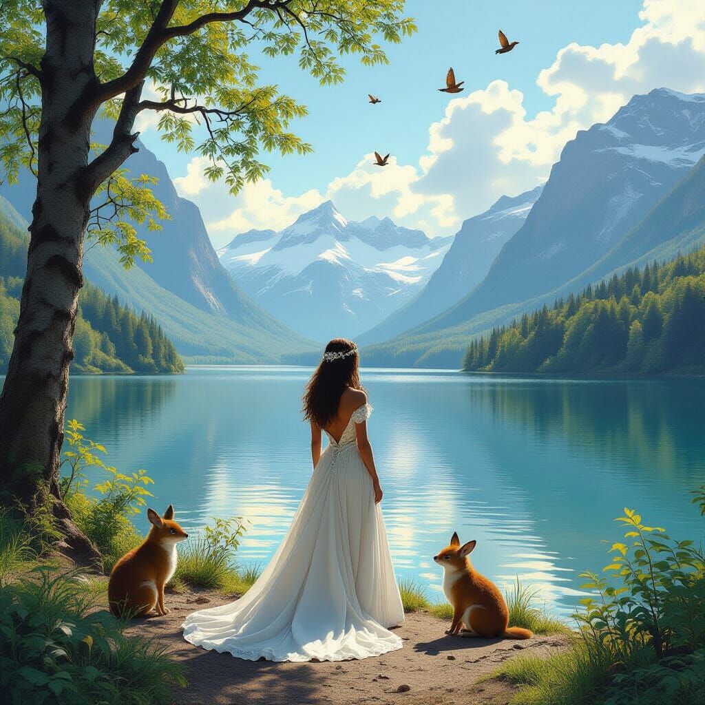 Ethereal Woman in Iridescent Forest: Hyperrealistic Fantasy