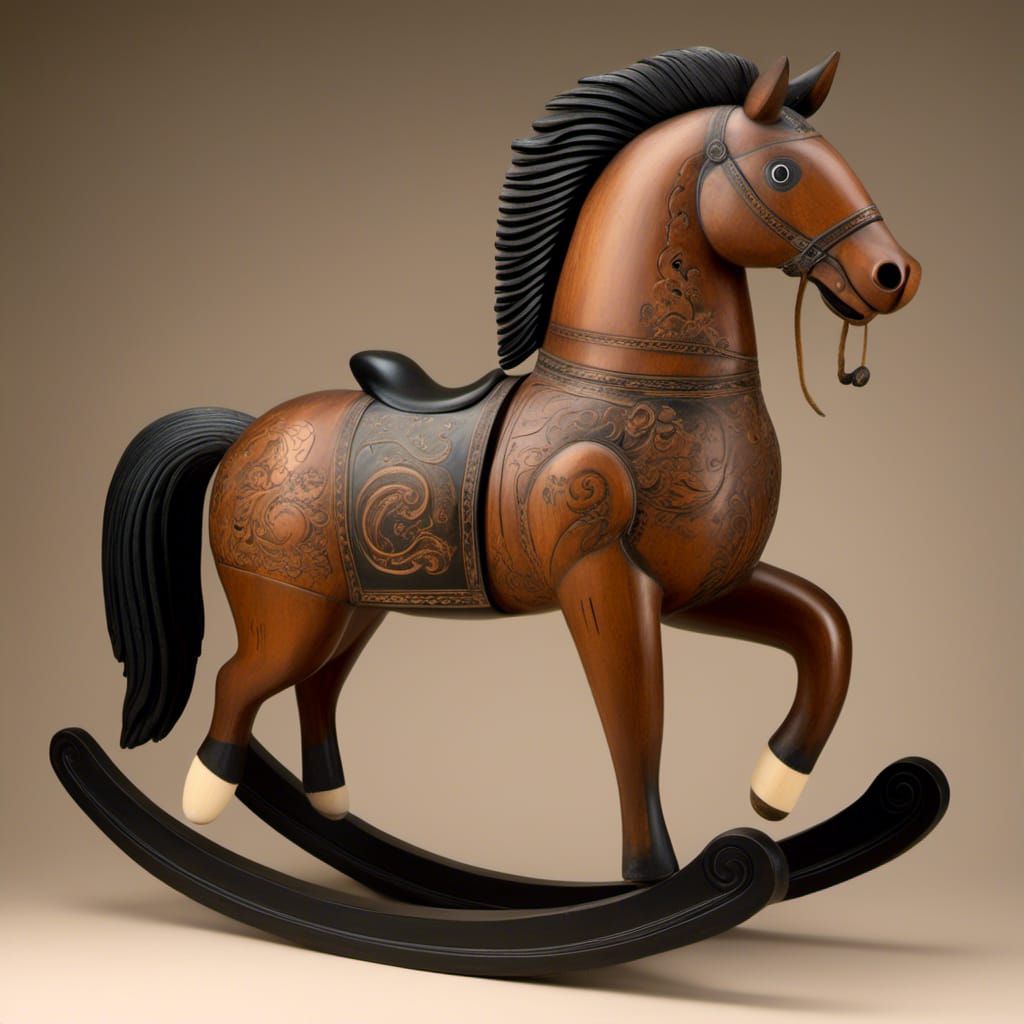 Whimsical Wooden Rocking Horse in Carved Ebony and Cherry