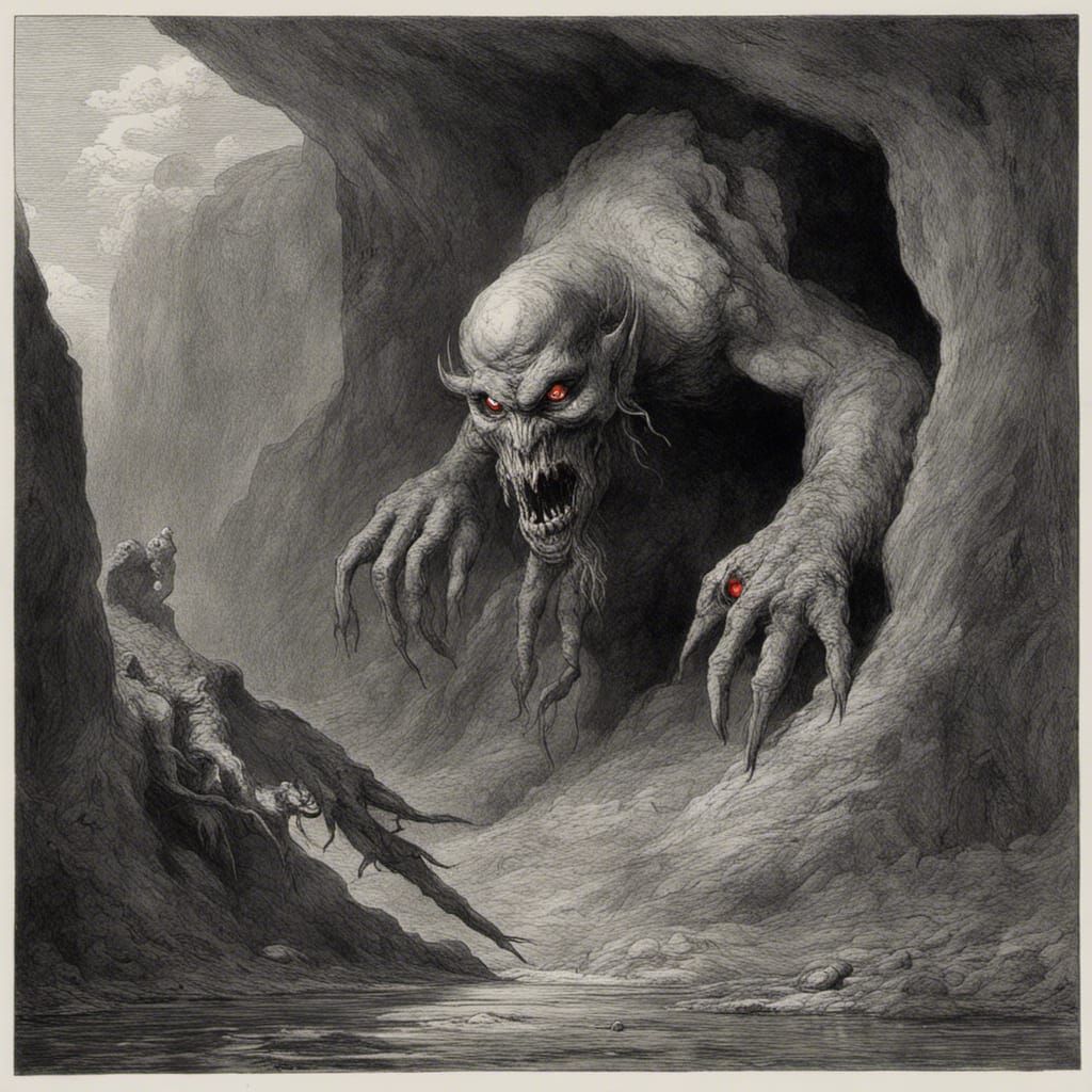 Menacing Monster in Cave with Red Eyes