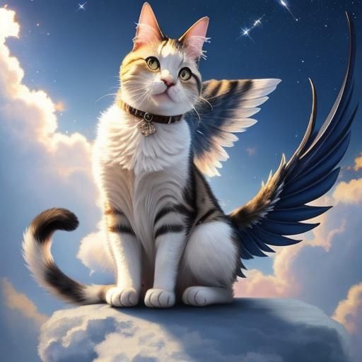 Winged Cat Soaring Through Starry Sunset Sky