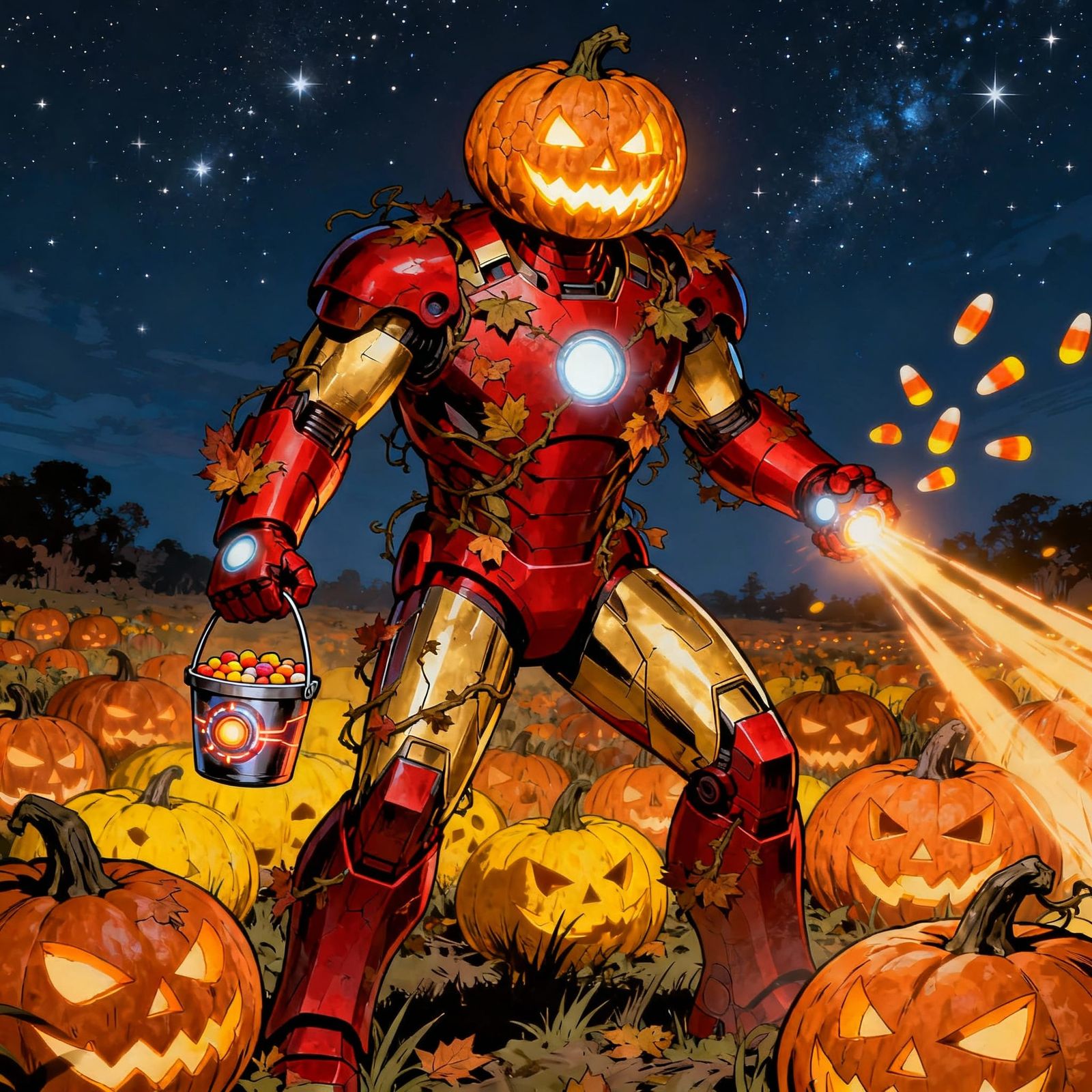 Iron Man in Halloween Armor with Jack-o'-Lantern Arc Reactor