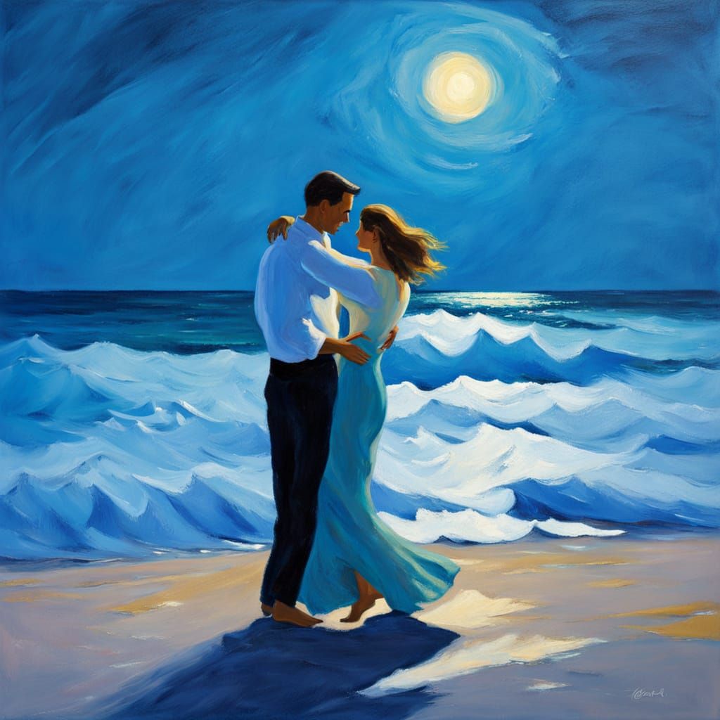 Moonlit Beach Dance: Neo-Impressionist Oil Painting