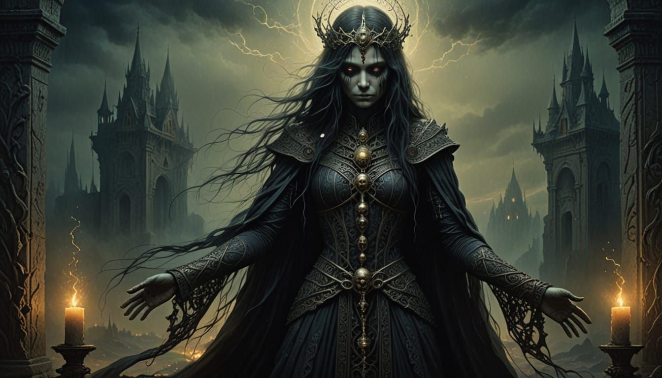 Mystical Dark Sorceress in Gothic Wedding Attire, Invoking A...