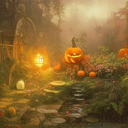 Enchanted Garden with Magical Pumpkin in Steampunk Style