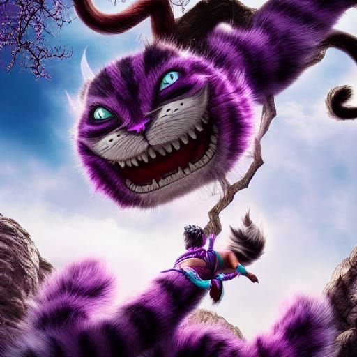 Cheshire Cat in Tree: Hyperrealistic Digital Painting