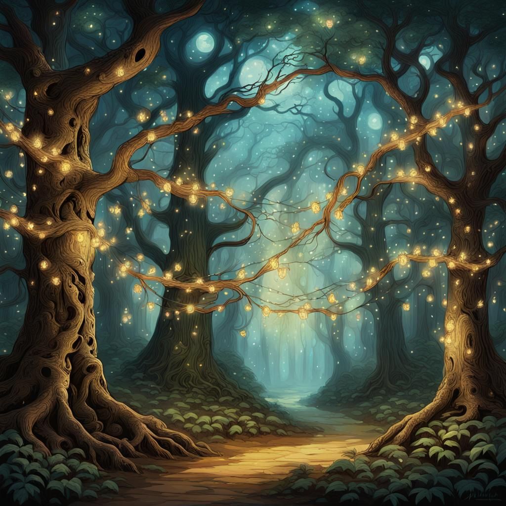 Enchanted Forest with Fireflies and Birds