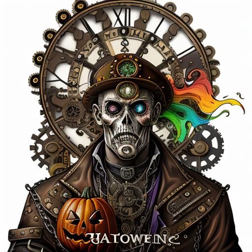 Rainbow Halloween Steampunk Cartoon in Airbrush Style