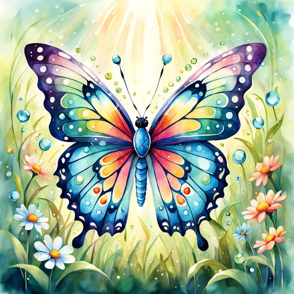 Vibrant Fantasy Butterfly in a Lush Meadow, Watercolor Whims...