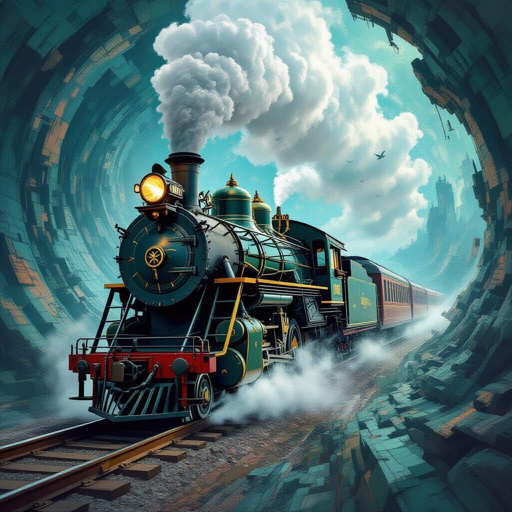 Clockwork Train in Temporal Vortex Surreal Retro-Futurism