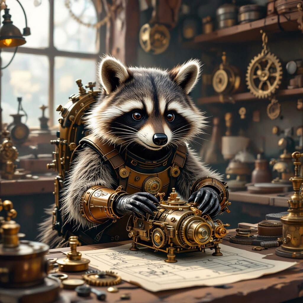 Steampunk Raccoon Inventor's Workshop