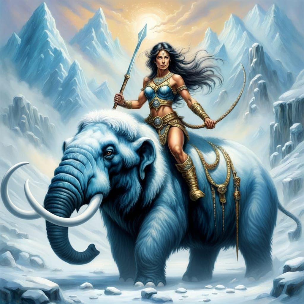 Arctic ninja warrior woman riding a woolly mammoth in the st...
