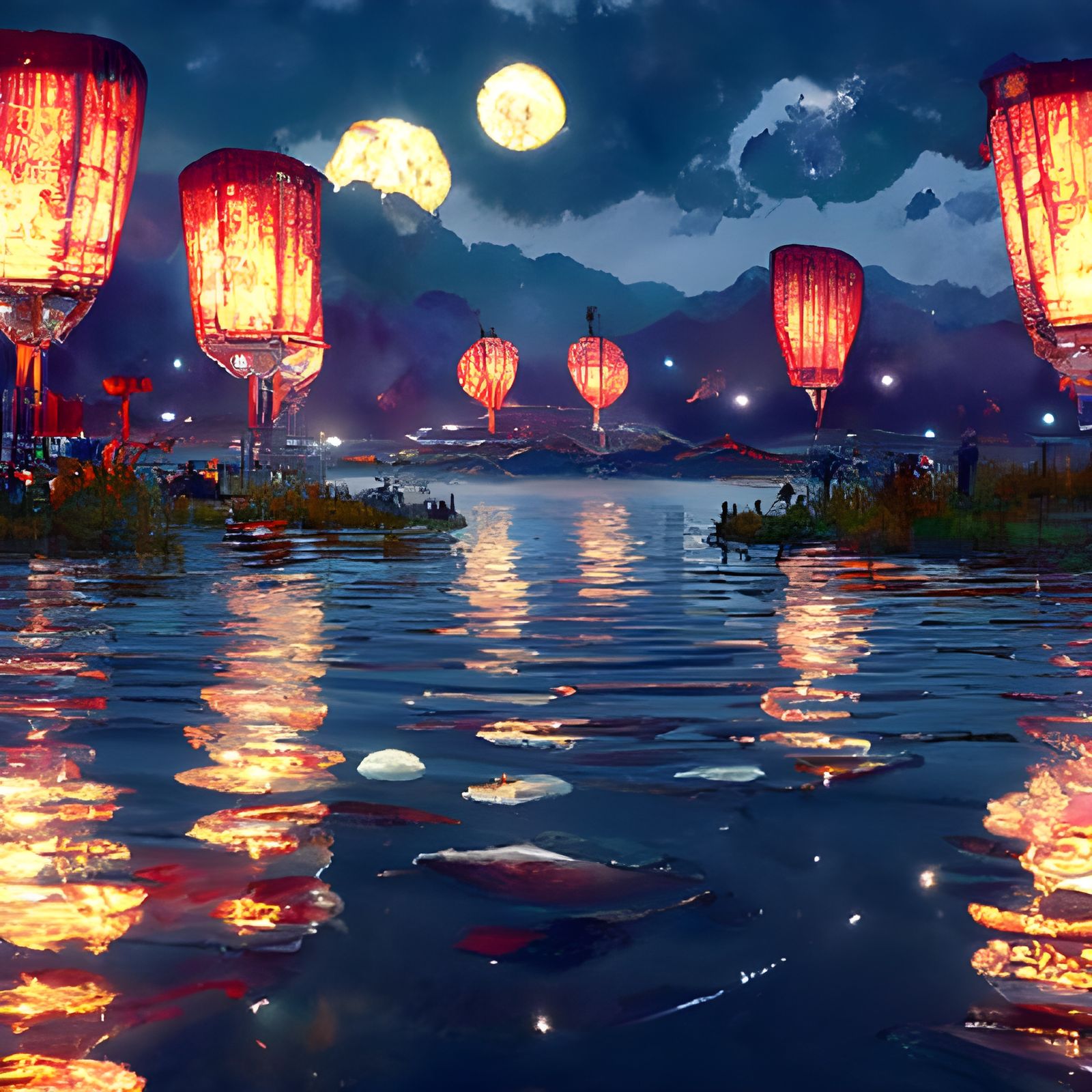 Moonlit Lake Sky Lanterns in Hyperdetailed Style