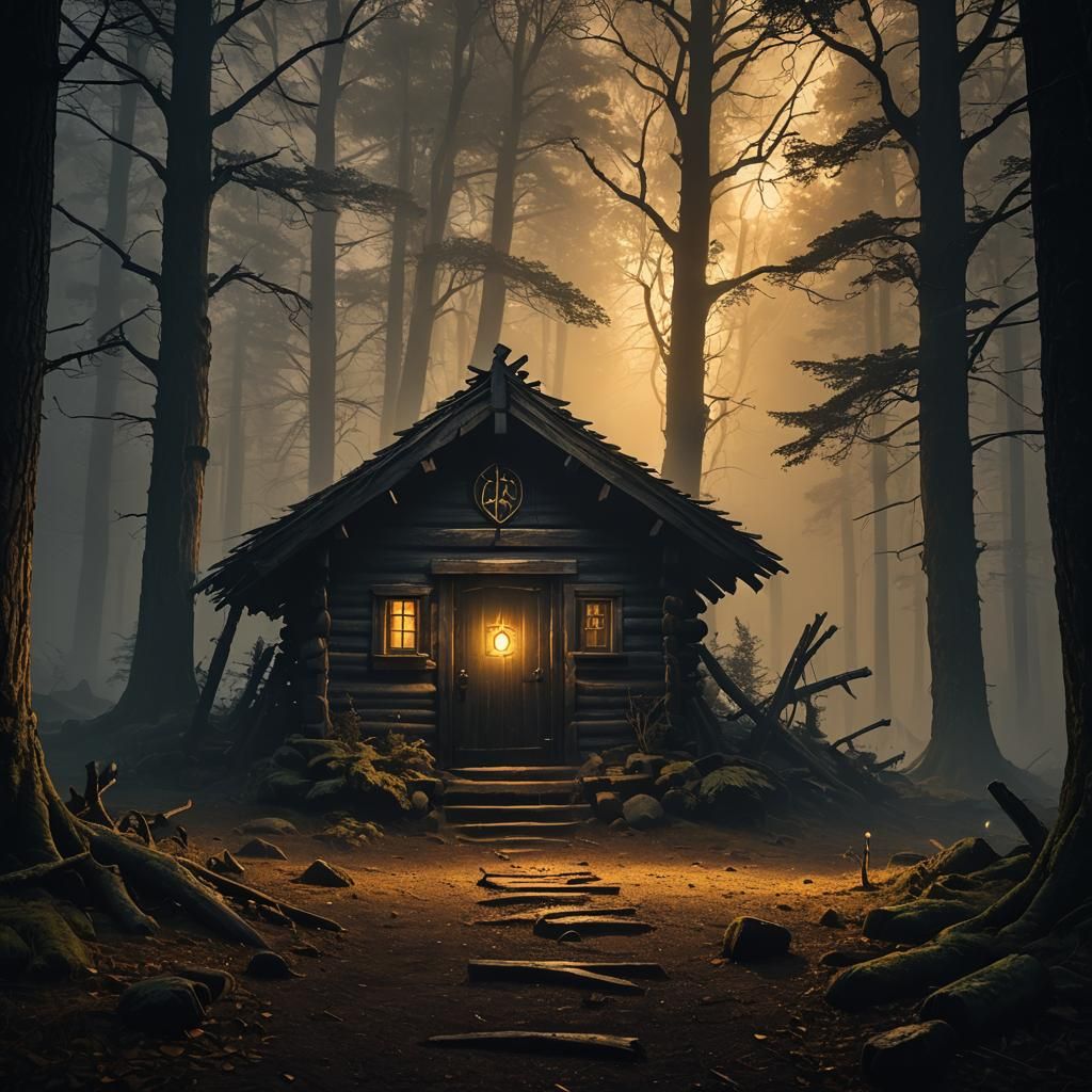Mysterious Cabin in Eerie Woods: Dark Fantasy Illustration