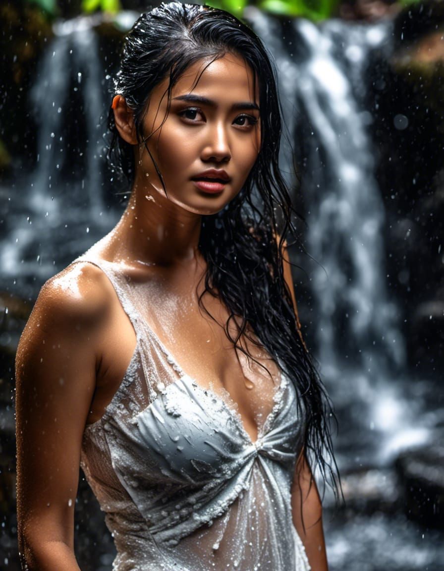 Sensual Indonesian Woman in Tropical Waterfall