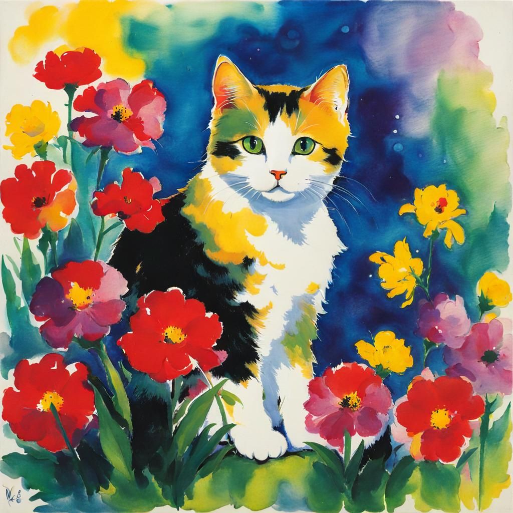 Cat Surrounded by Flowers: Expressionist Painting