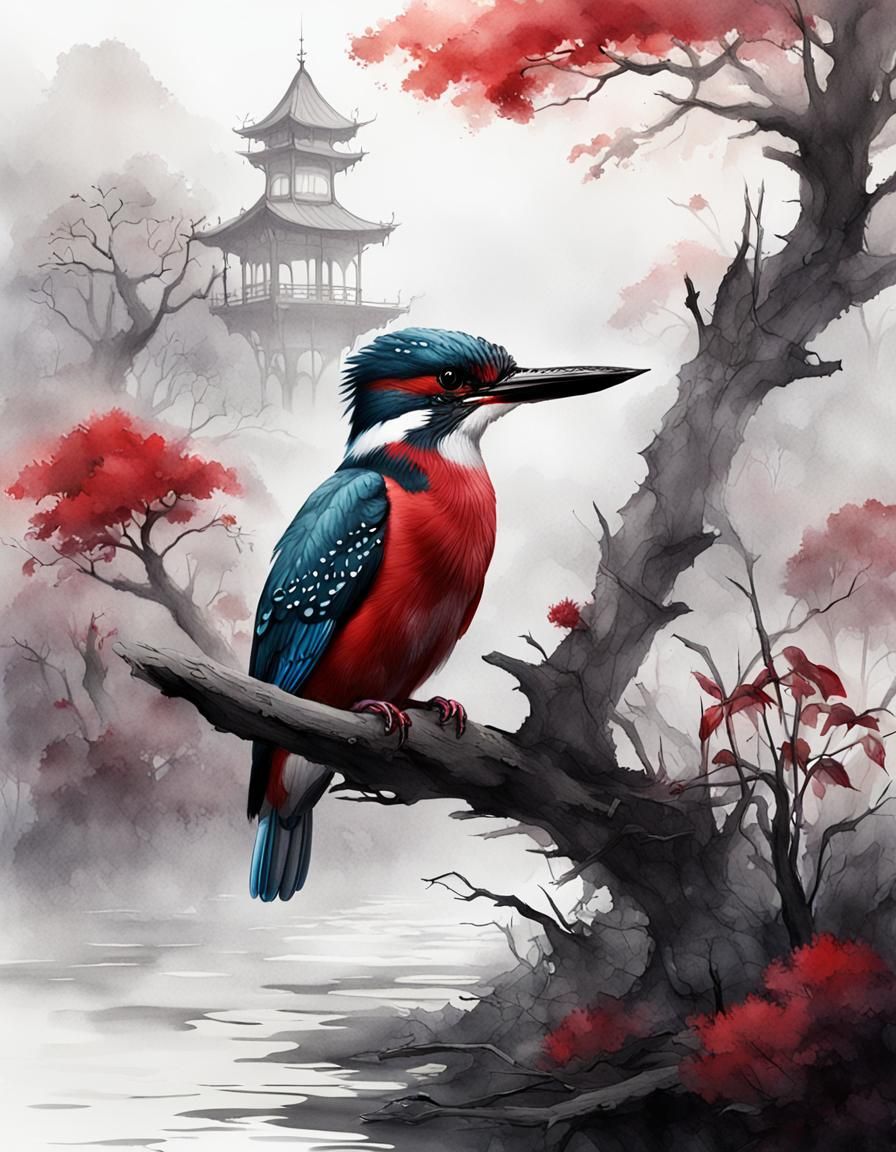 Kingfisher in Sumi-e Style with Crimson Accents