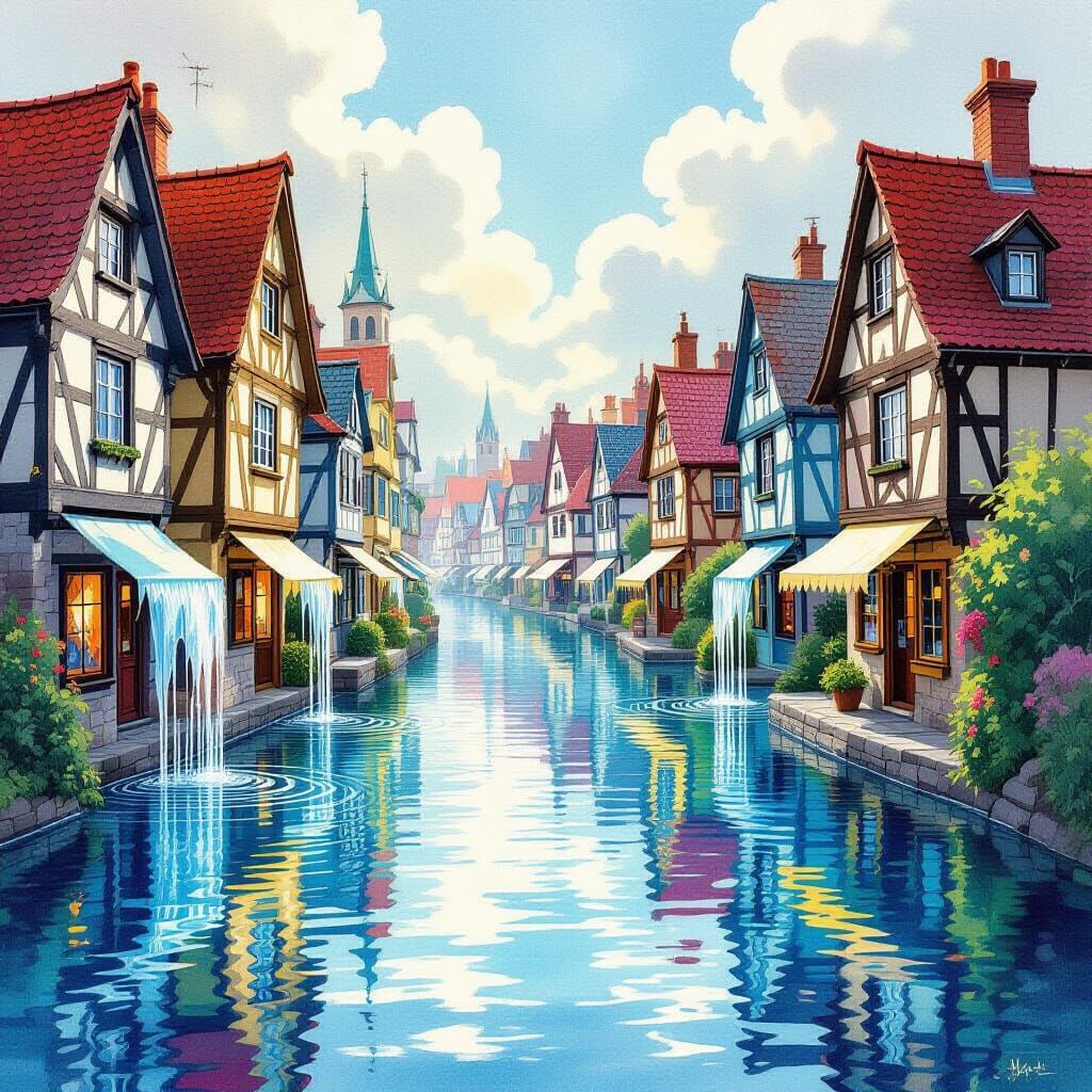 Surreal Melting Townscape in Gouache Style