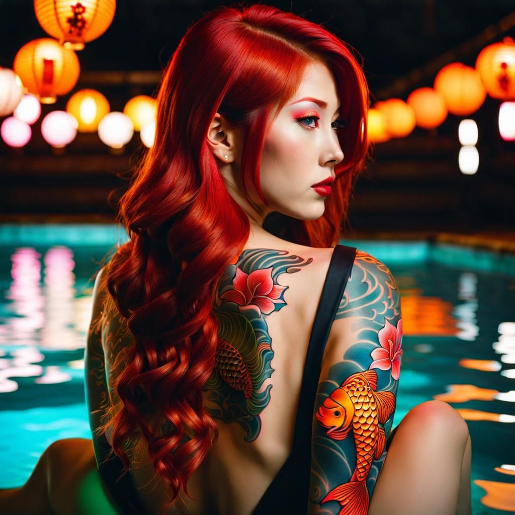 Redhead Woman with Neon Koi Tattoos in Cyberpunk Style