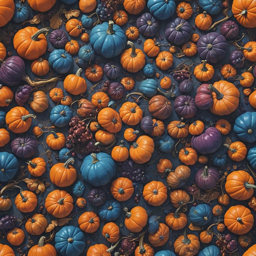Still Life with Colorful Gourds in Fantasy Realism
