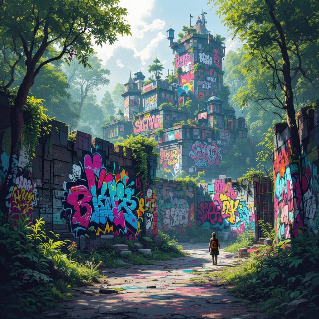 Graffiti Art Colony Near Forest in Polychromatic Palette