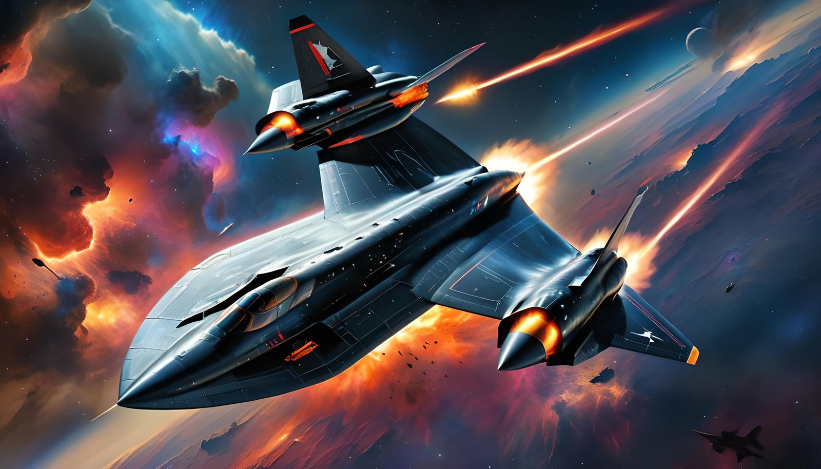 SR-71 Blackbird Soaring Past Nebula in Hyperrealistic Style