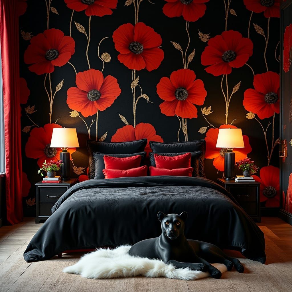 Vintage-Style Bedroom with Opulent Red Poppies