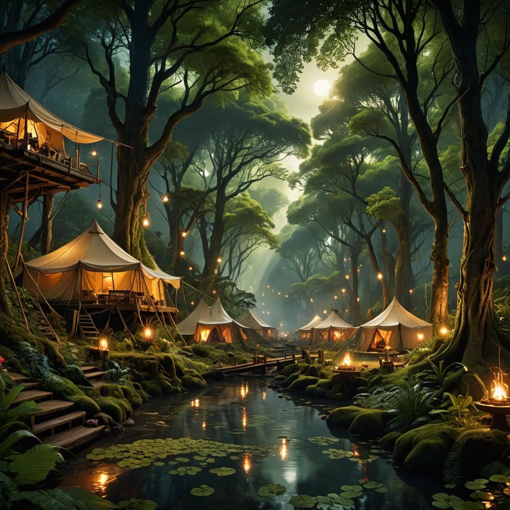 Maximalist Enchanting forest, exquisite foliage, trickling stream reflecting the moonlight, several multi level tents, i...