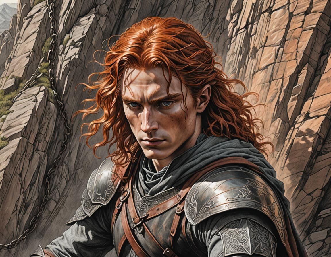 Pencil Sketch of Tormented Red-Haired Man on Mountain