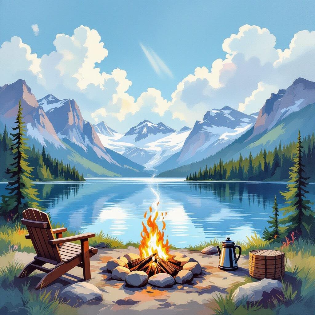 Mountain Morning Campfire with Lake and Clouds in Gouache St...