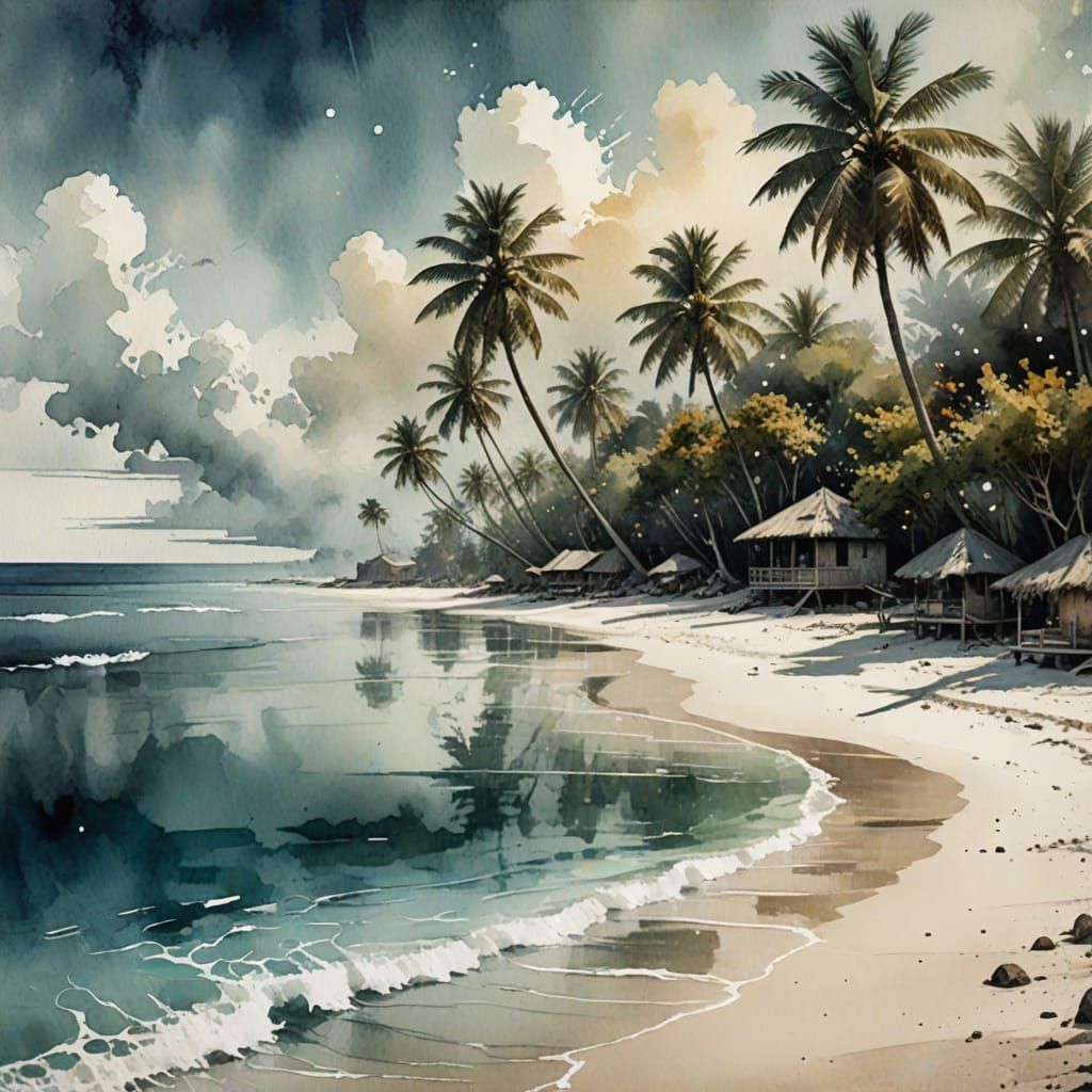 Maldives Beach View in Mixed Media Style