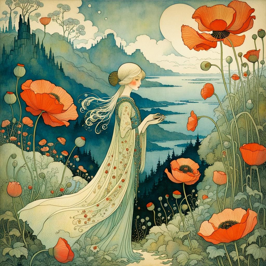 Delicate Poppy Blossom in Fantasy Illustration Style