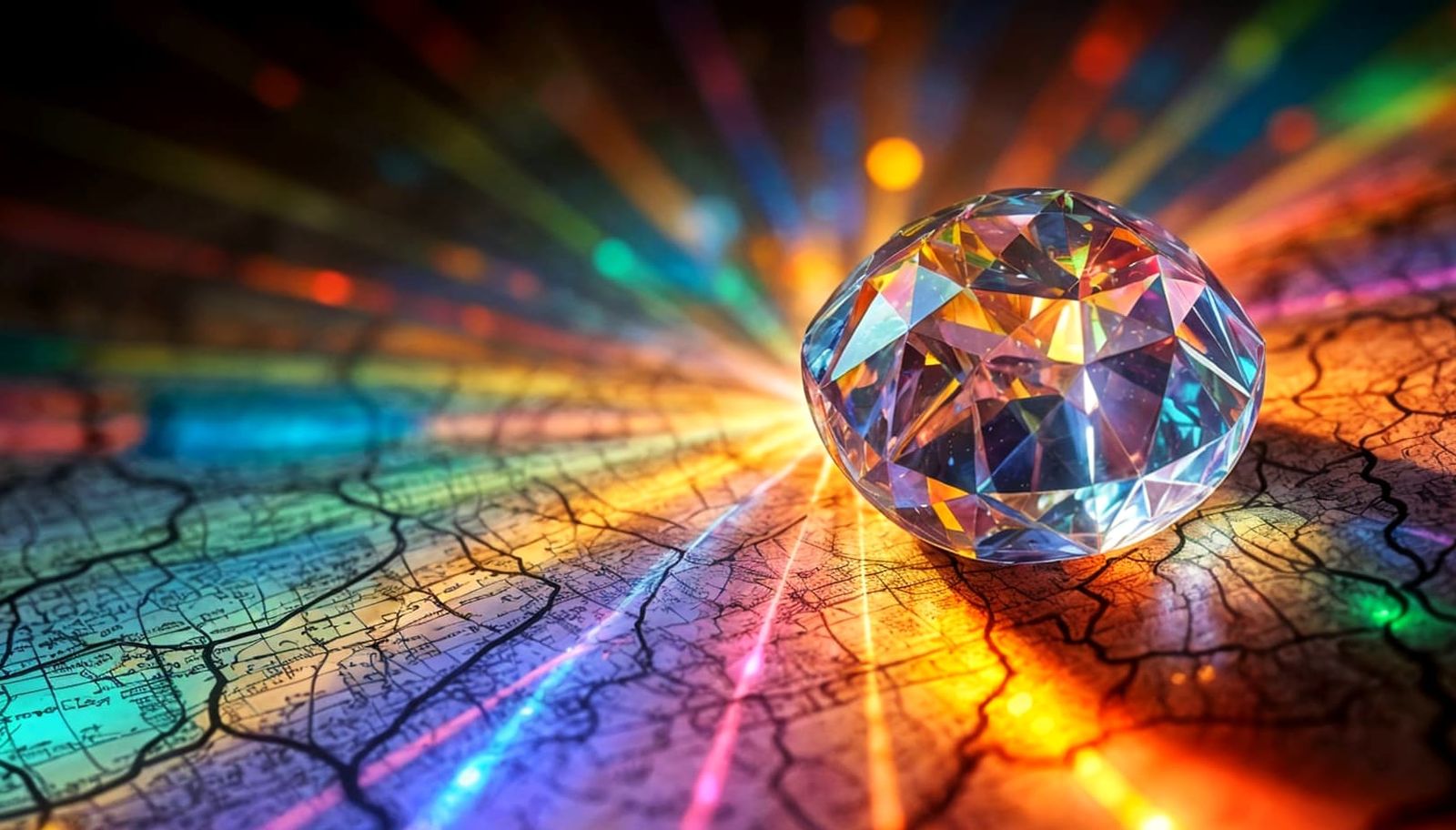 Diamond Prism Illuminates Rainbow Path on Old Map