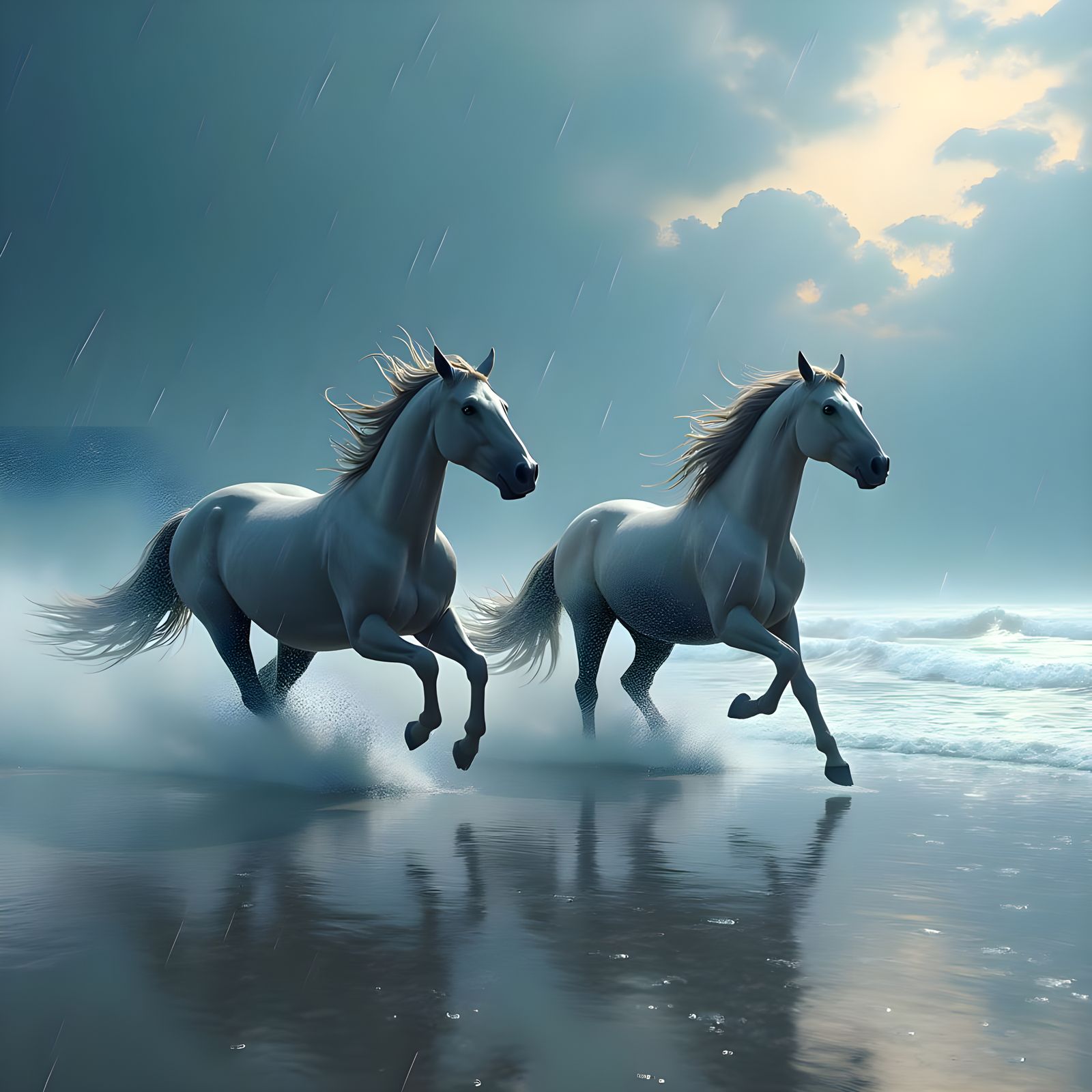 Horses Galloping on Rainy Beach: Detailed Matte Painting