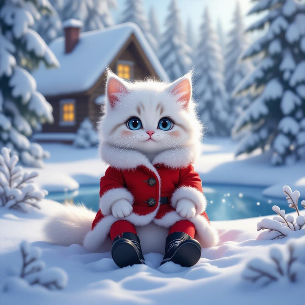 Cute Fluffy Kitty in Magical Winter Forest