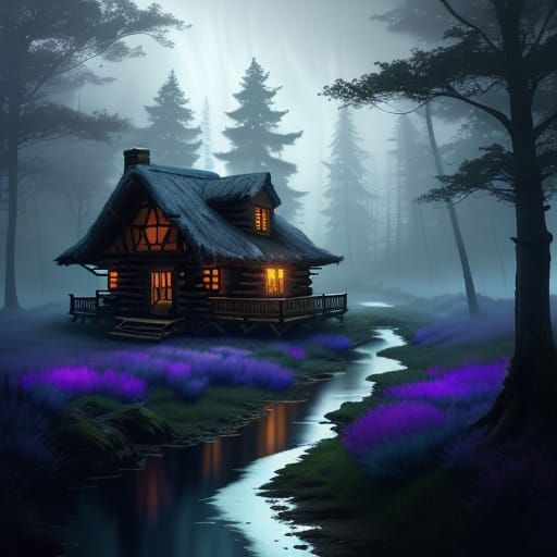 Fantasy Cabin by Glowing Path in Ethereal Mist
