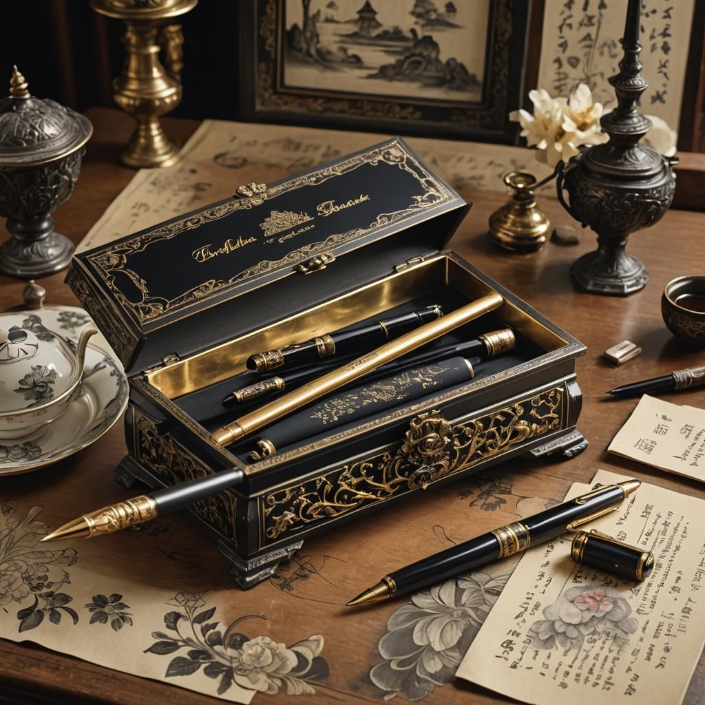 Sleek Black Pen on Antique Desk, Detailed Matte Painting