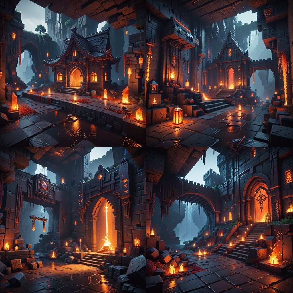 Epic Minecraft Nether House in Blocky Art Style with Volumet...