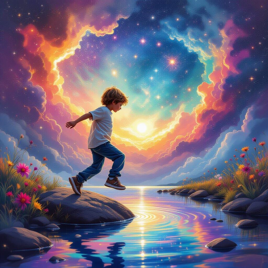 Boy Skips Rock Across Cosmic Universe