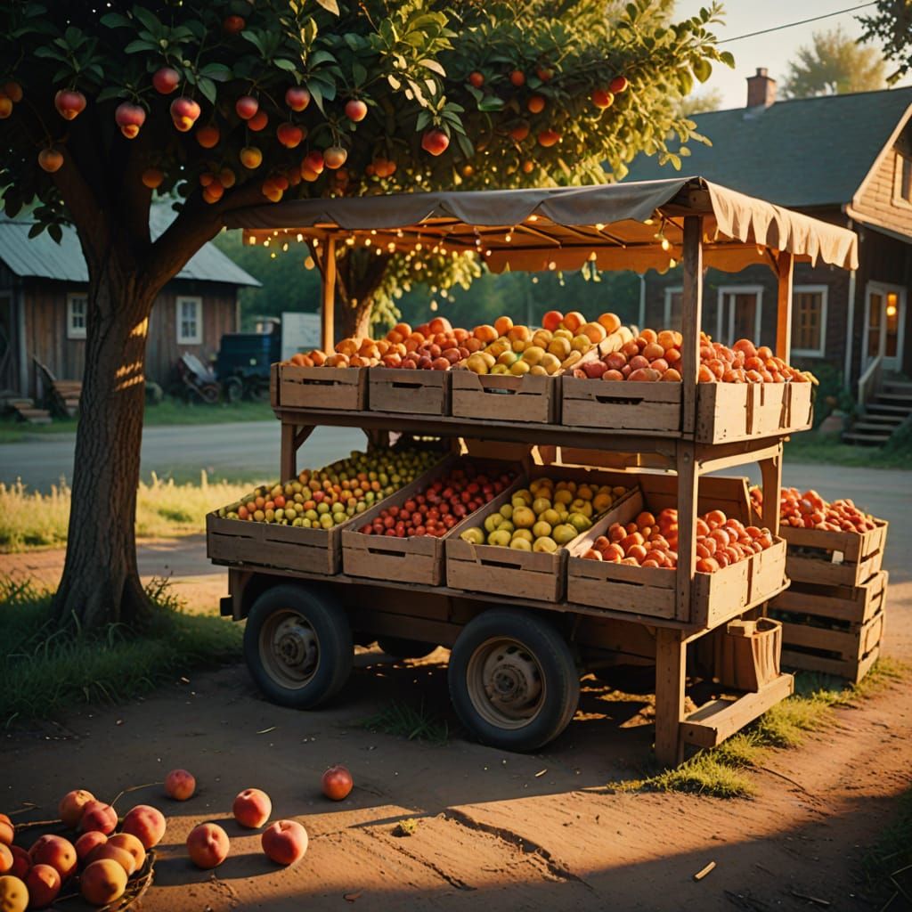 Rustic Fruit Stand at Sunset: Oil Painting Style