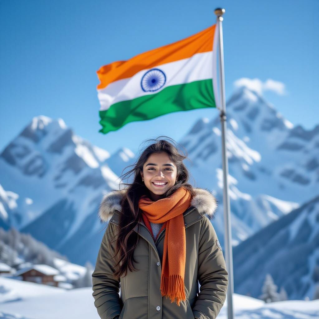 Proud Indian Girl in Himalayas with National Flag