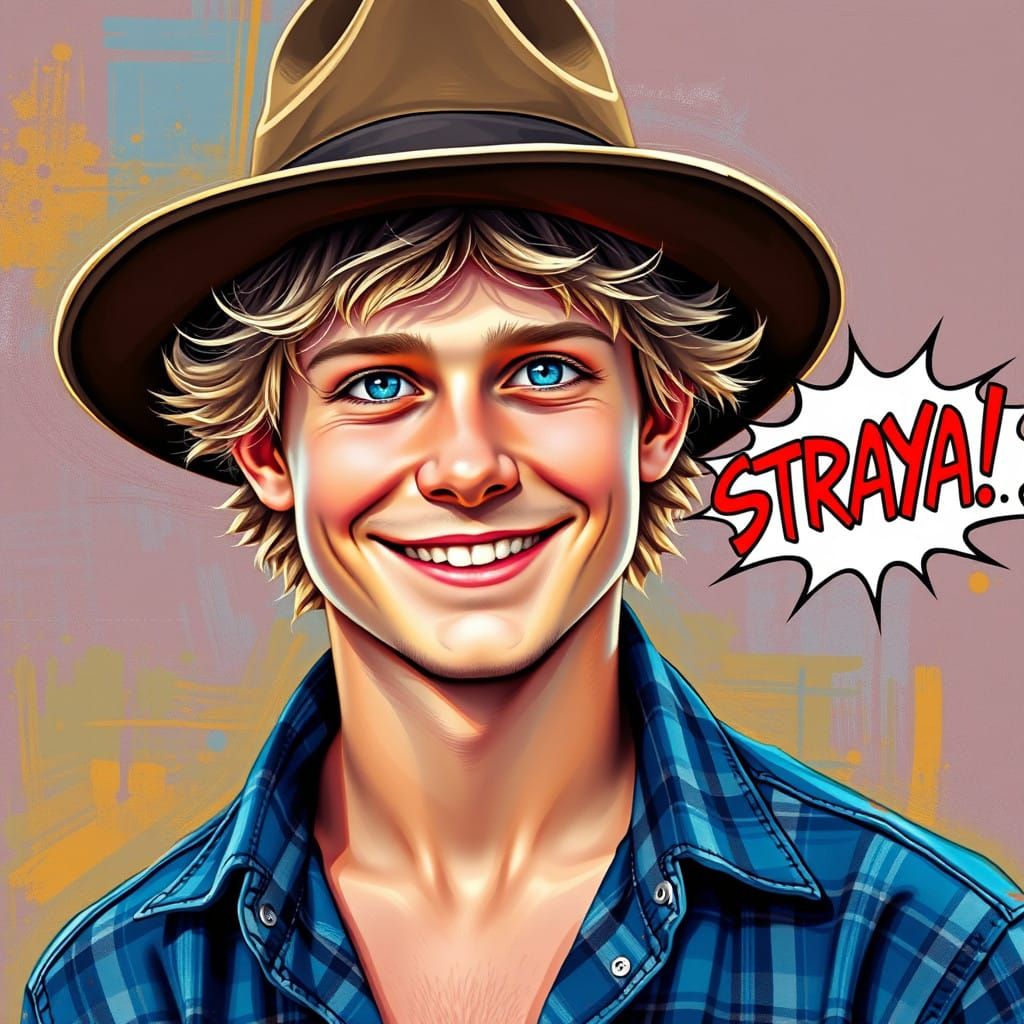 Carefree Aussie Bushman Celebrates with Joyful STRAYA! Sloga...