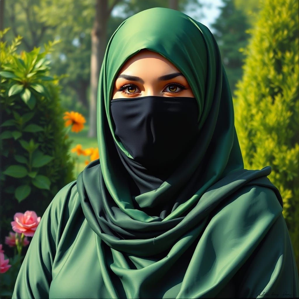 Oil Painting of Woman in Hijab and Niqab in Garden