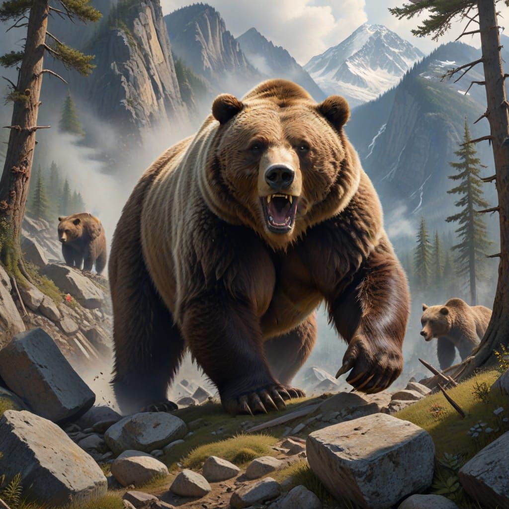 Grizzly Bear Battle: Primitive Humans Defend Mountain
