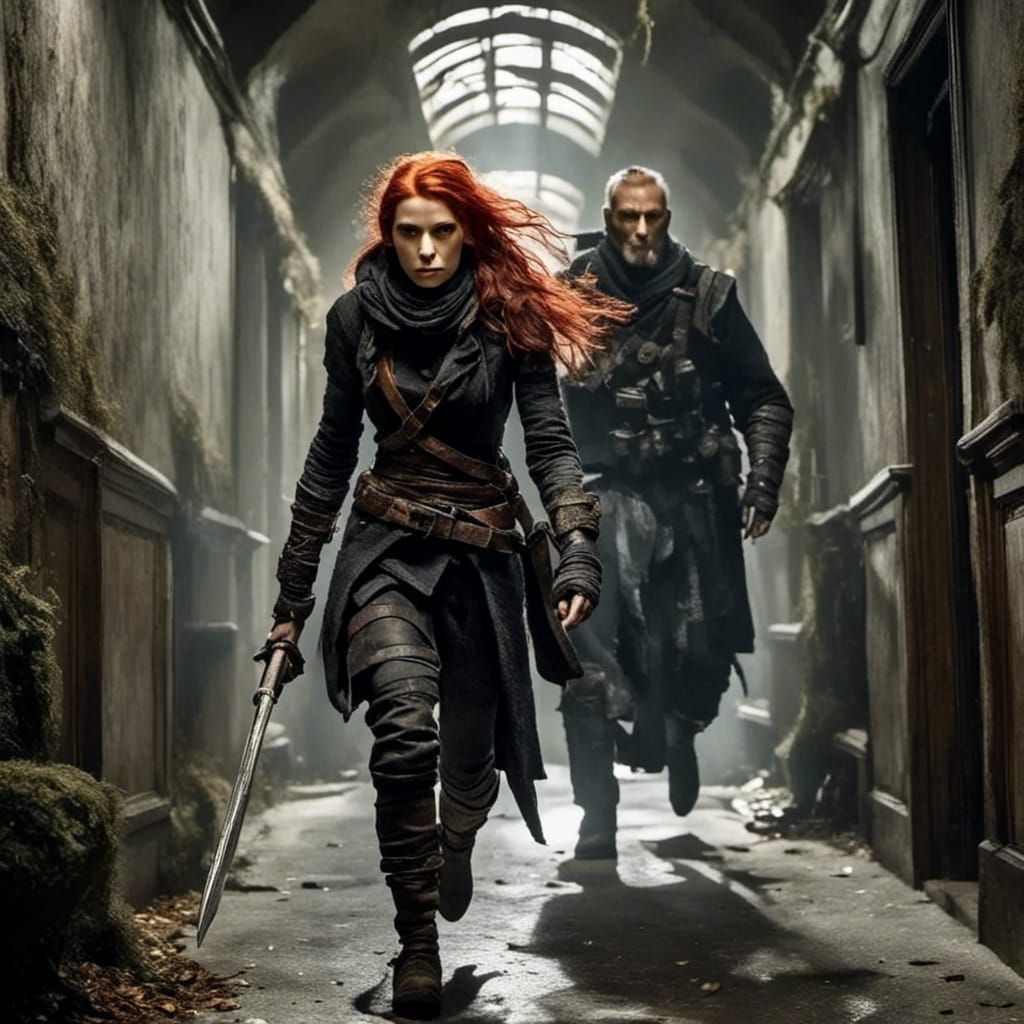 <lora:Dark fantasy realism:1.0> Female Rogue sneaking down a hallway, red hair, black clothing, followed by an armored f...