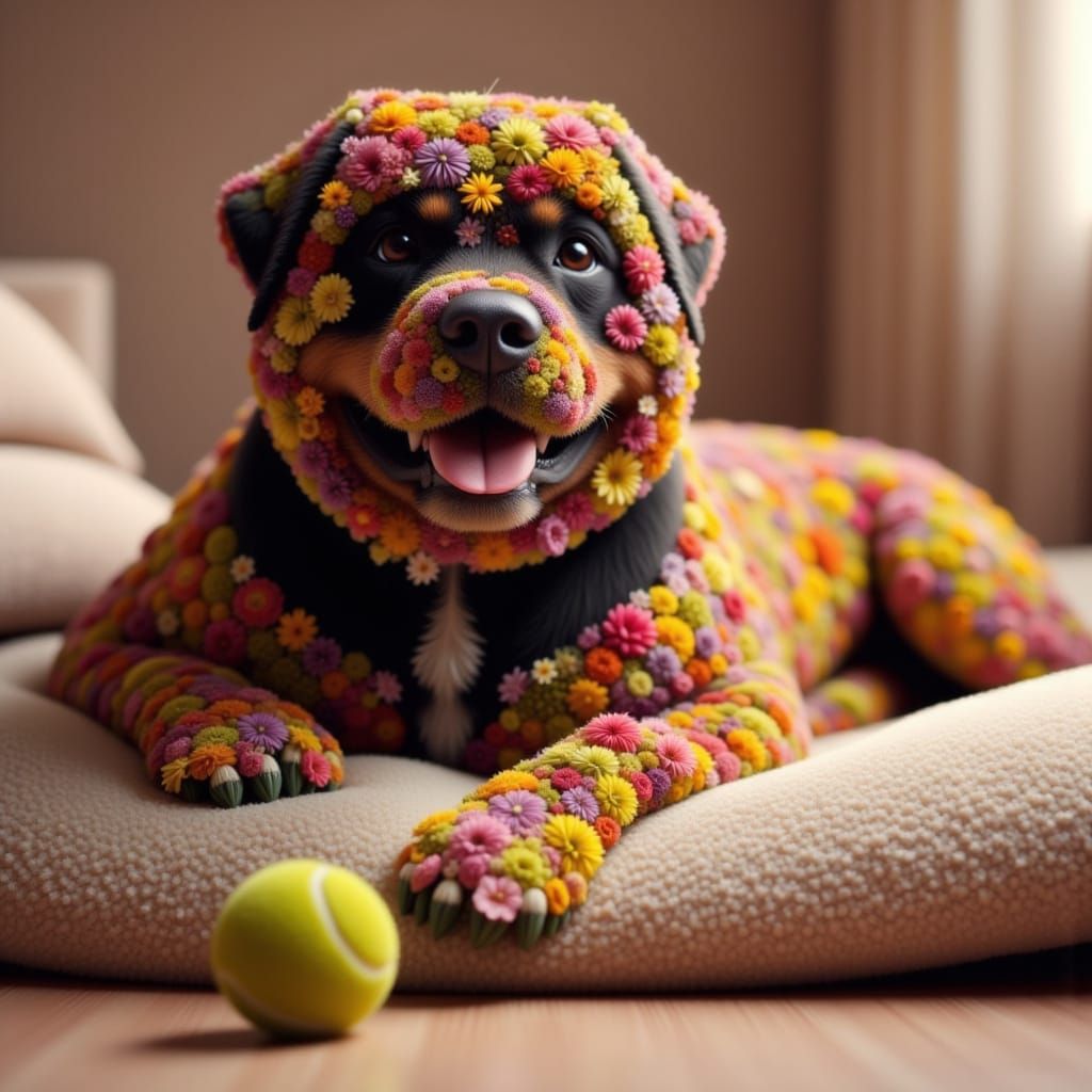 Bear with his ball covered in flowers