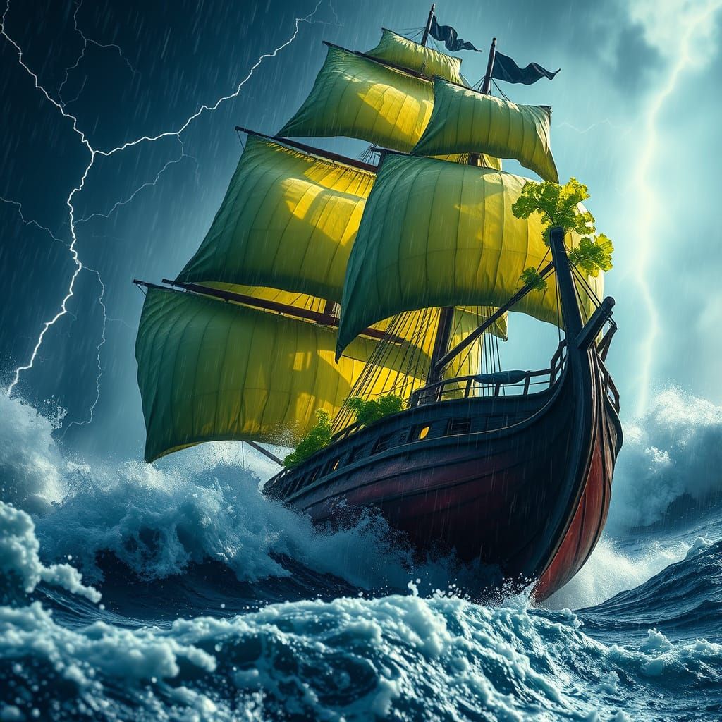 Vibrant Epic Stormy Seascape with Vegetable Ship