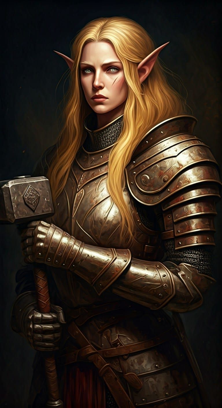 Tenebrism Oil Painting of a Resolute Elf Maiden