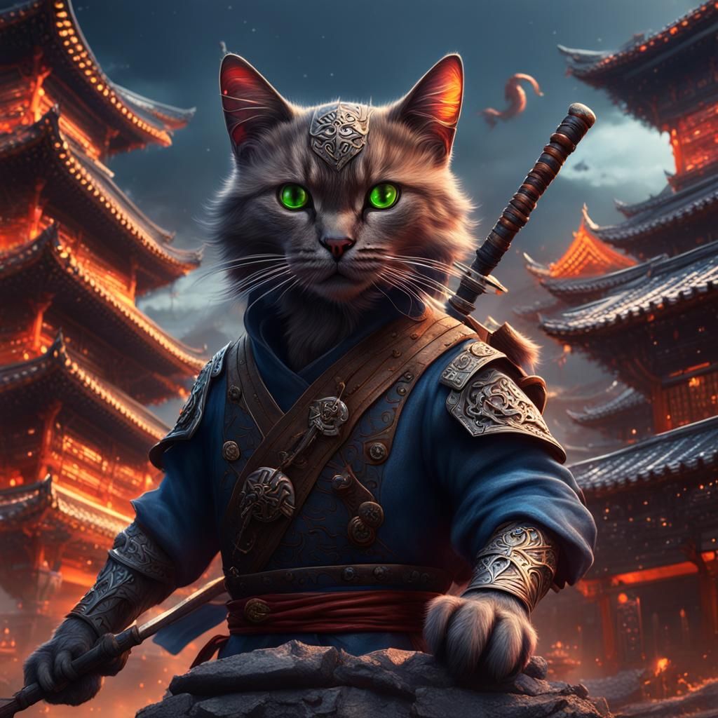 Fantastical Ninja Cat in Detailed Matte Painting